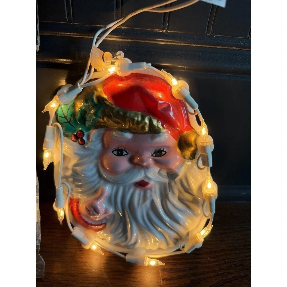 VTG 1999 Plastic Santa Face With Lights~ Tested & 1 New In Package! Lot Of 2
